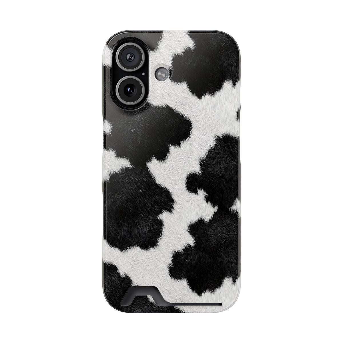 Black Cow Print phone case with card holder for iPhone 17, glossy finish