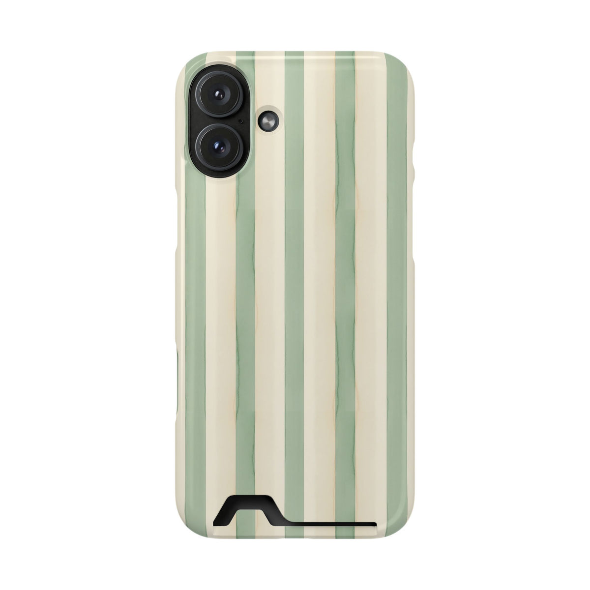 Sage Stripe phone case with card holder for iPhone 16 Plus, glossy finish