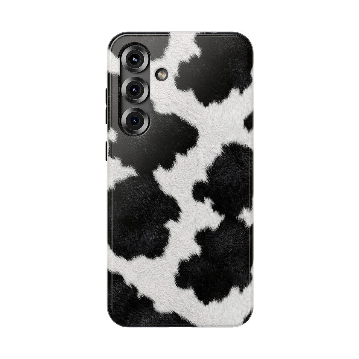 Black Cow Print protective phone case for Samsung Galaxy S25 Plus, glossy finish