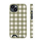 Olive Gingham Monogram Phone Case With Card Holder Personalized