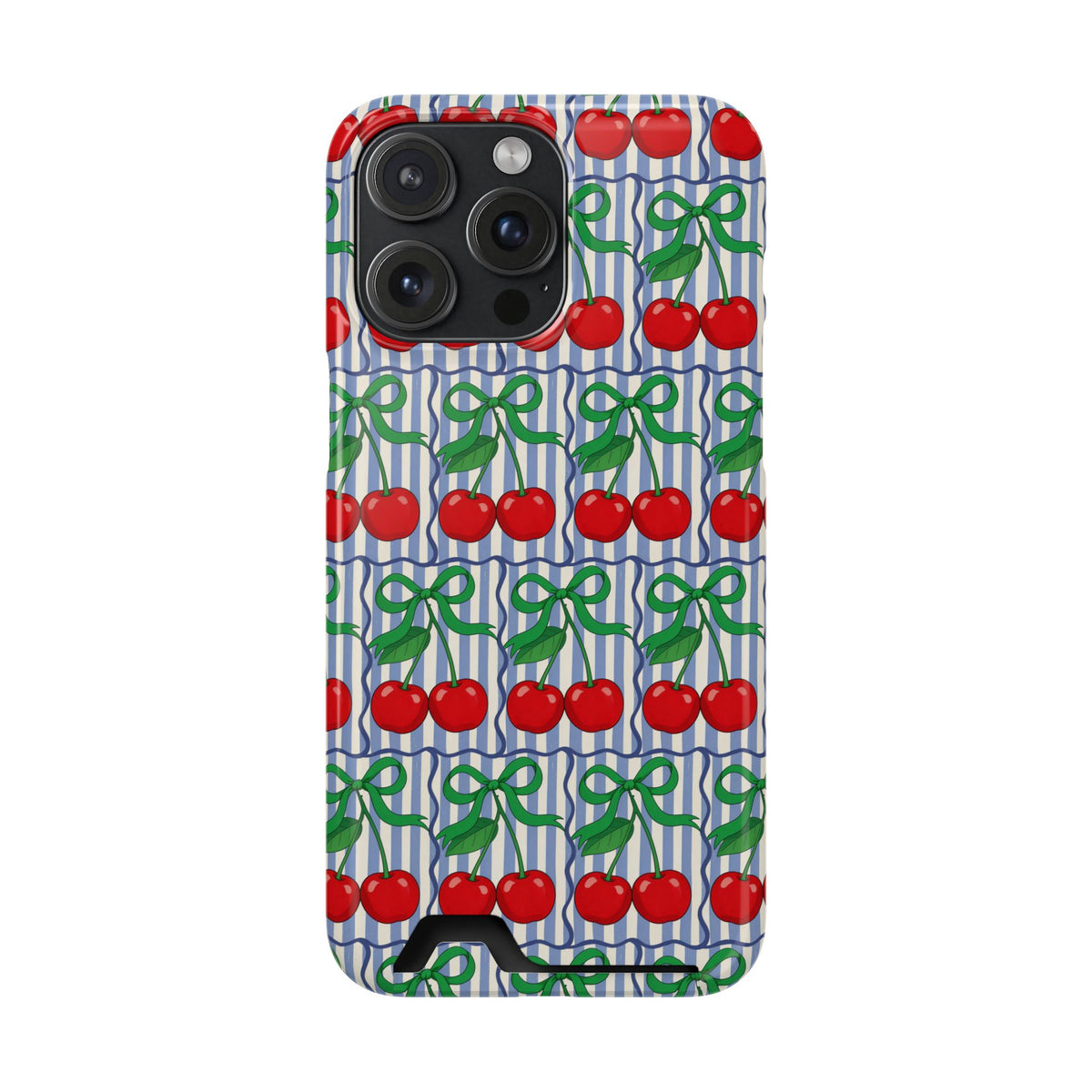 Cherry Bow Stripe phone case with card holder for iPhone 15 Pro Max, glossy finish