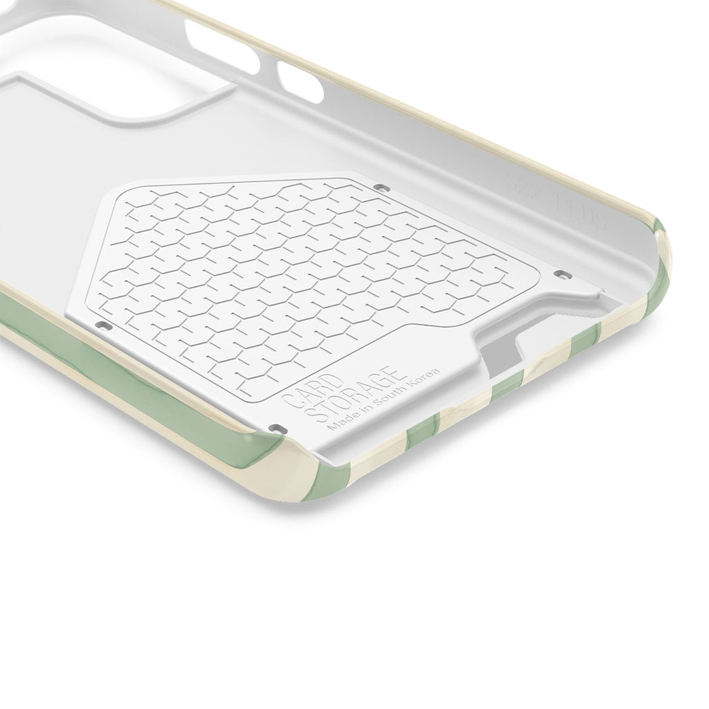 Sage Stripe phone case with card holder, close-up of the inside