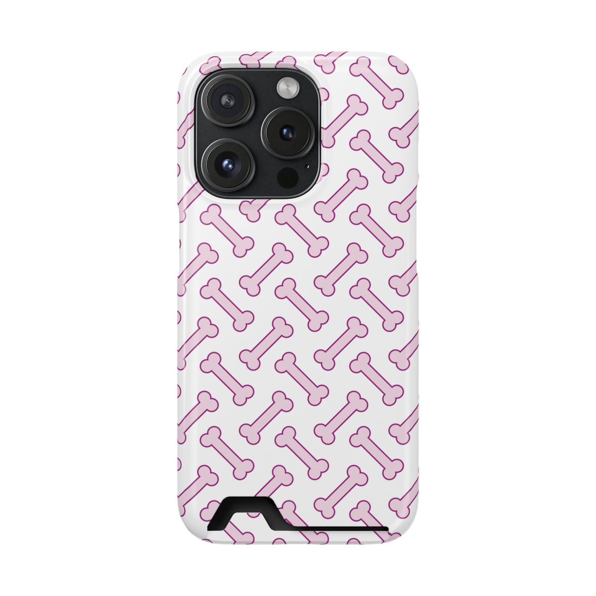 Pink Dog Bone phone case with card holder for iPhone 15 Pro, glossy finish