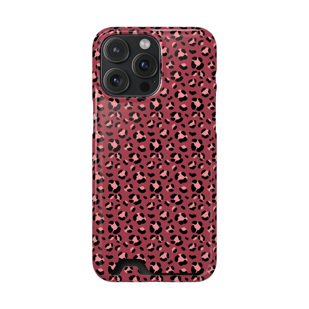 Pink Leopard phone case with card holder for iPhone 15 Pro Max, glossy finish