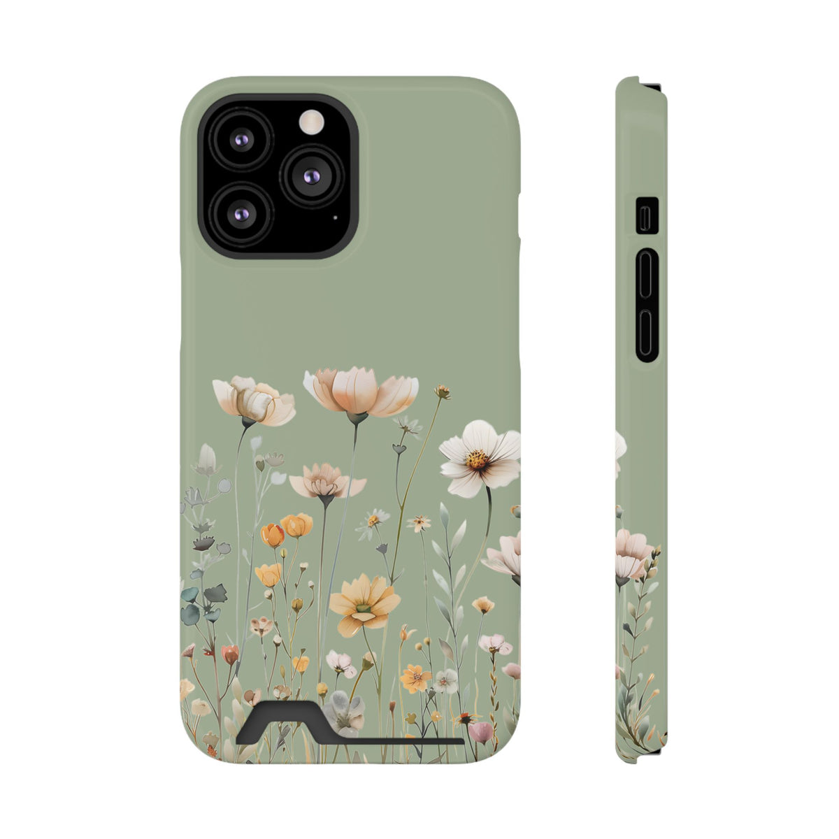 Sage Daisy phone case with card holder for iPhone 13 Pro Max, glossy finish