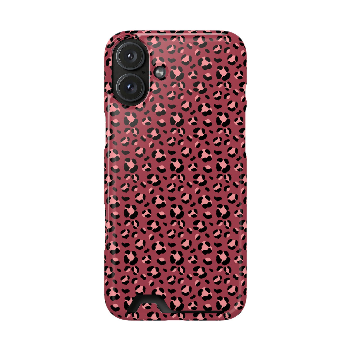 Pink Leopard phone case with card holder for iPhone 16 Plus, glossy finish