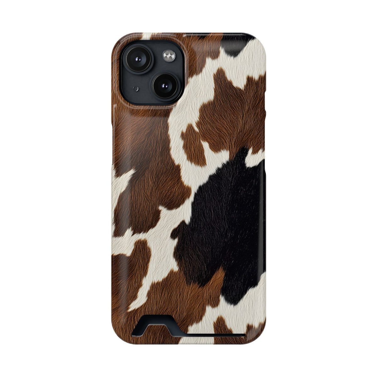 Brown Cow Print phone case with card holder for iPhone 14, glossy finish