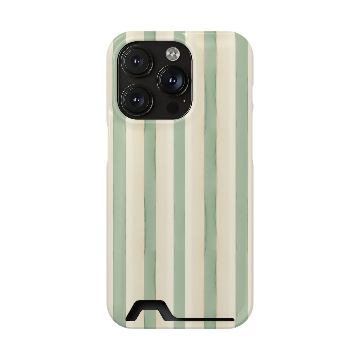 Sage Stripe phone case with card holder for iPhone 14 Pro, glossy finish