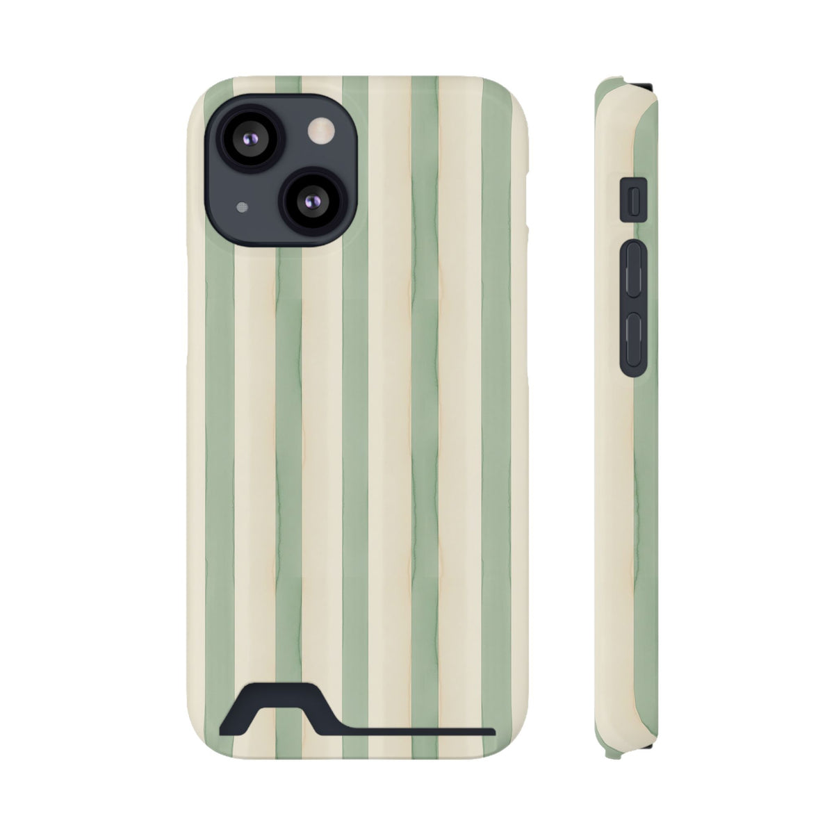 Sage Stripe phone case with card holder for iPhone 13 Mini, glossy finish