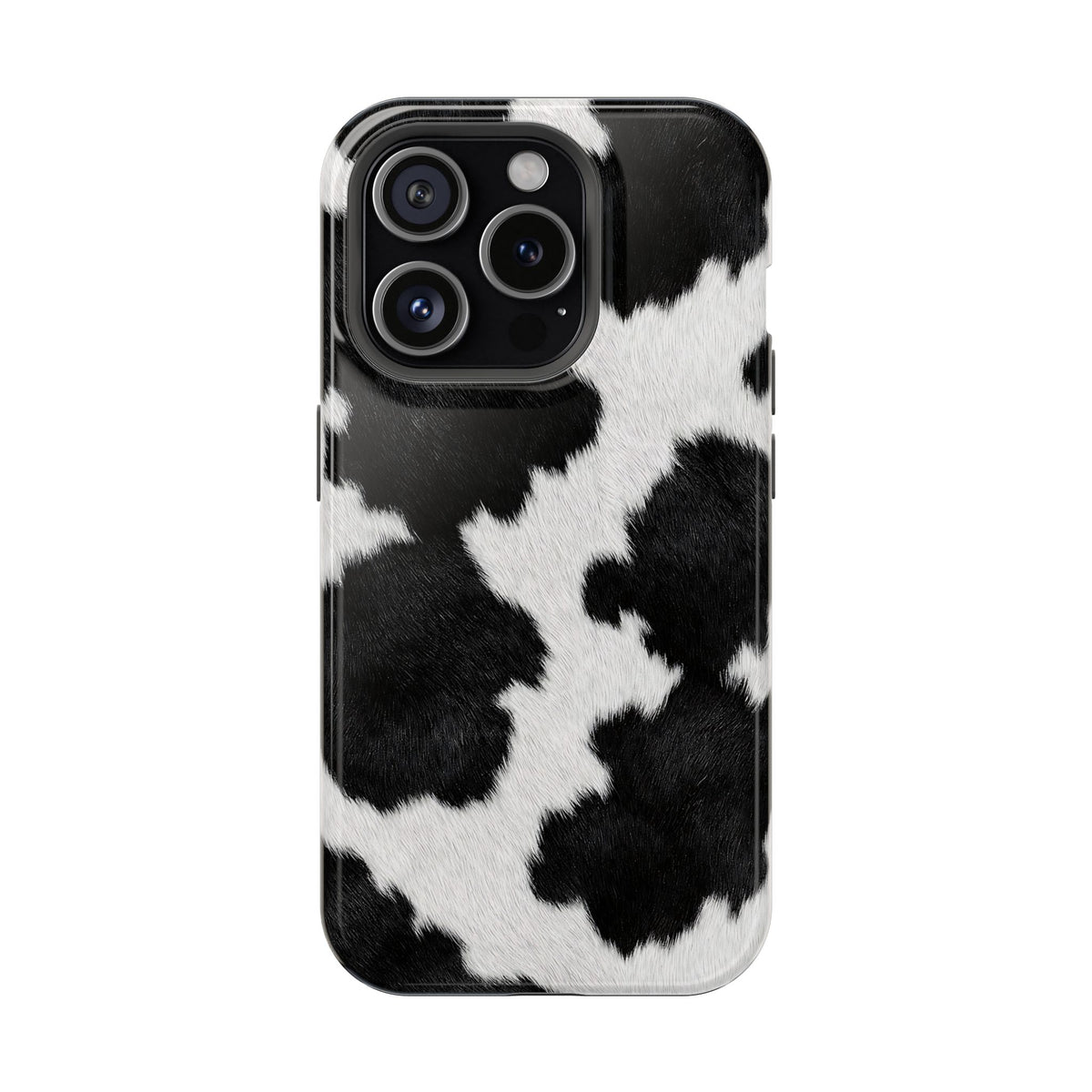 Black Cow Print MagSafe case for iPhone 15 Pro, glossy finish