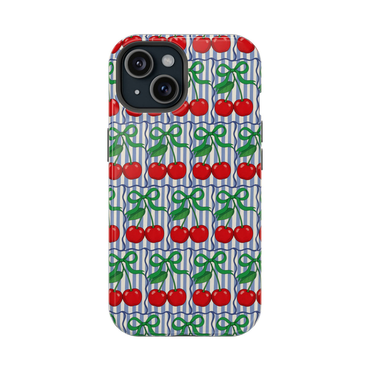 Cherry Bow Stripe protective phone case for iPhone 15, glossy finish