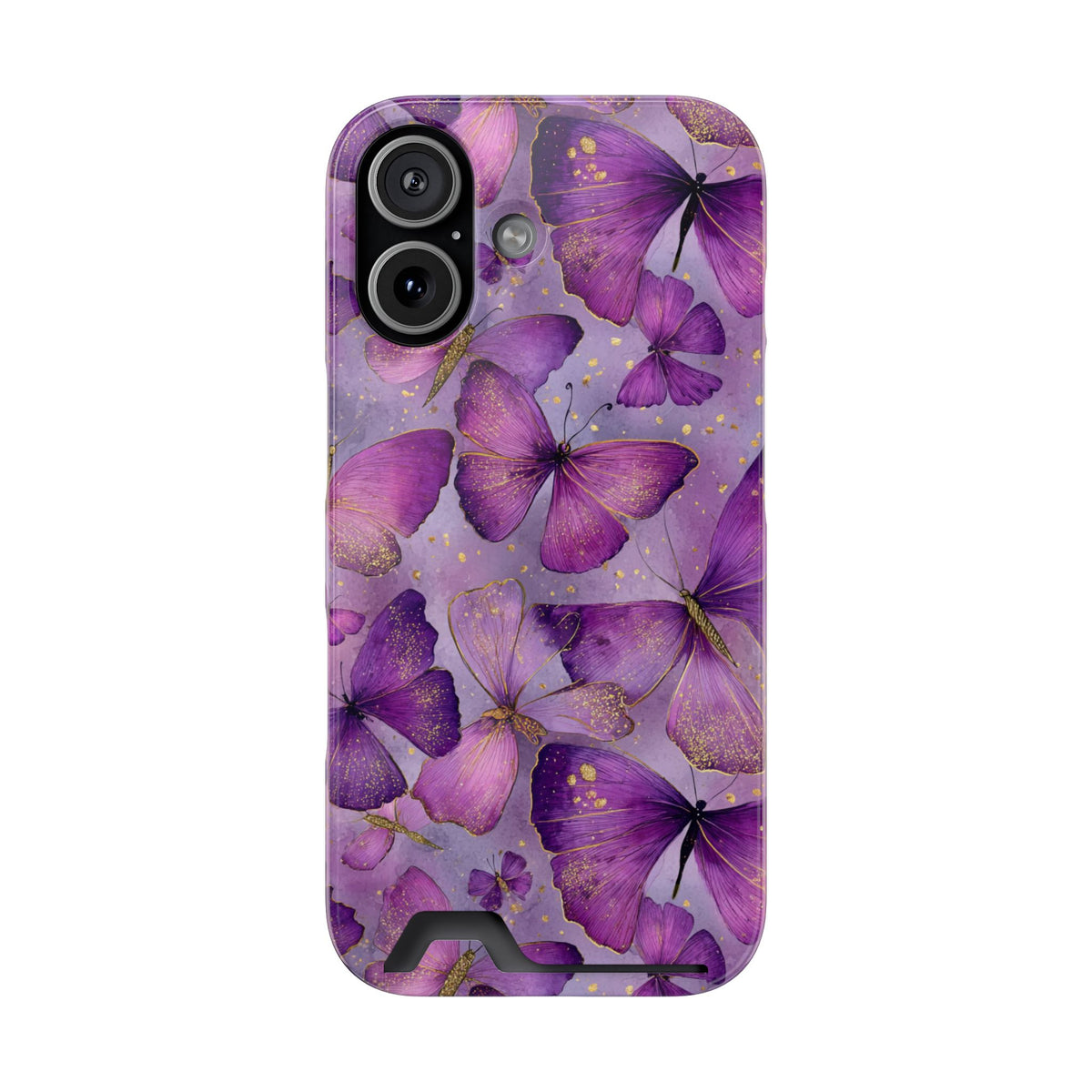 Violet Butterfly phone case with card holder for iPhone 17, glossy finish