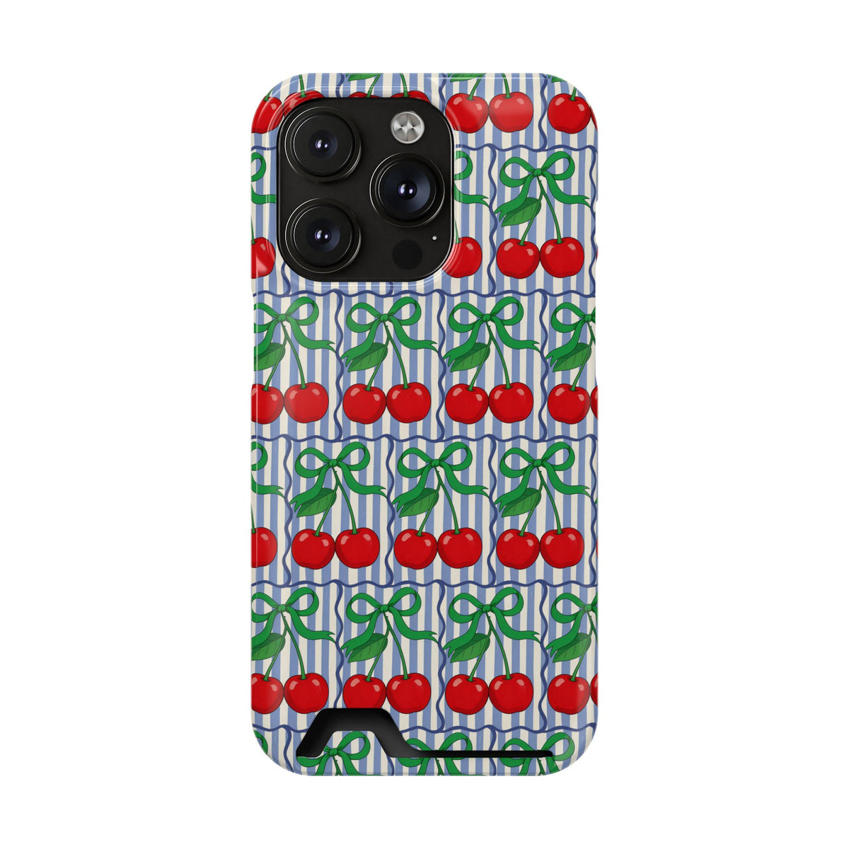 Cherry Bow Stripe phone case with card holder for iPhone 14 Pro, glossy finish