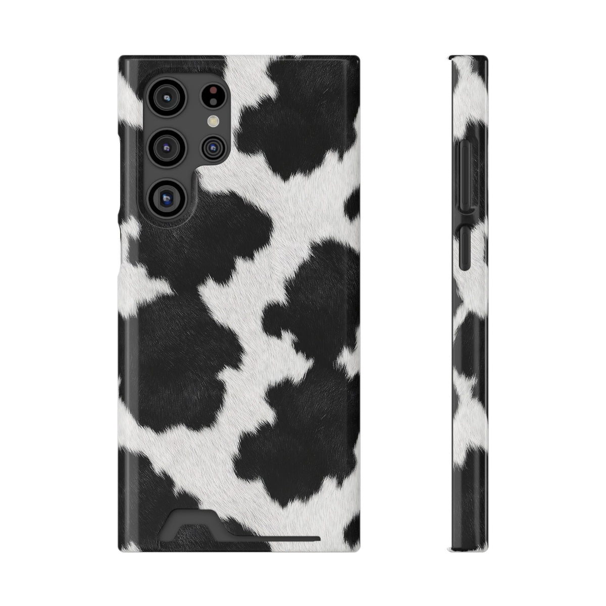 Black Cow Print phone case with card holder for Samsung Galaxy S22 Ultra, glossy finish