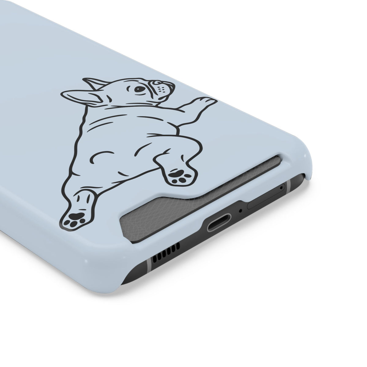 Frenchie Doodle phone case with card holder, close-up of the card slot