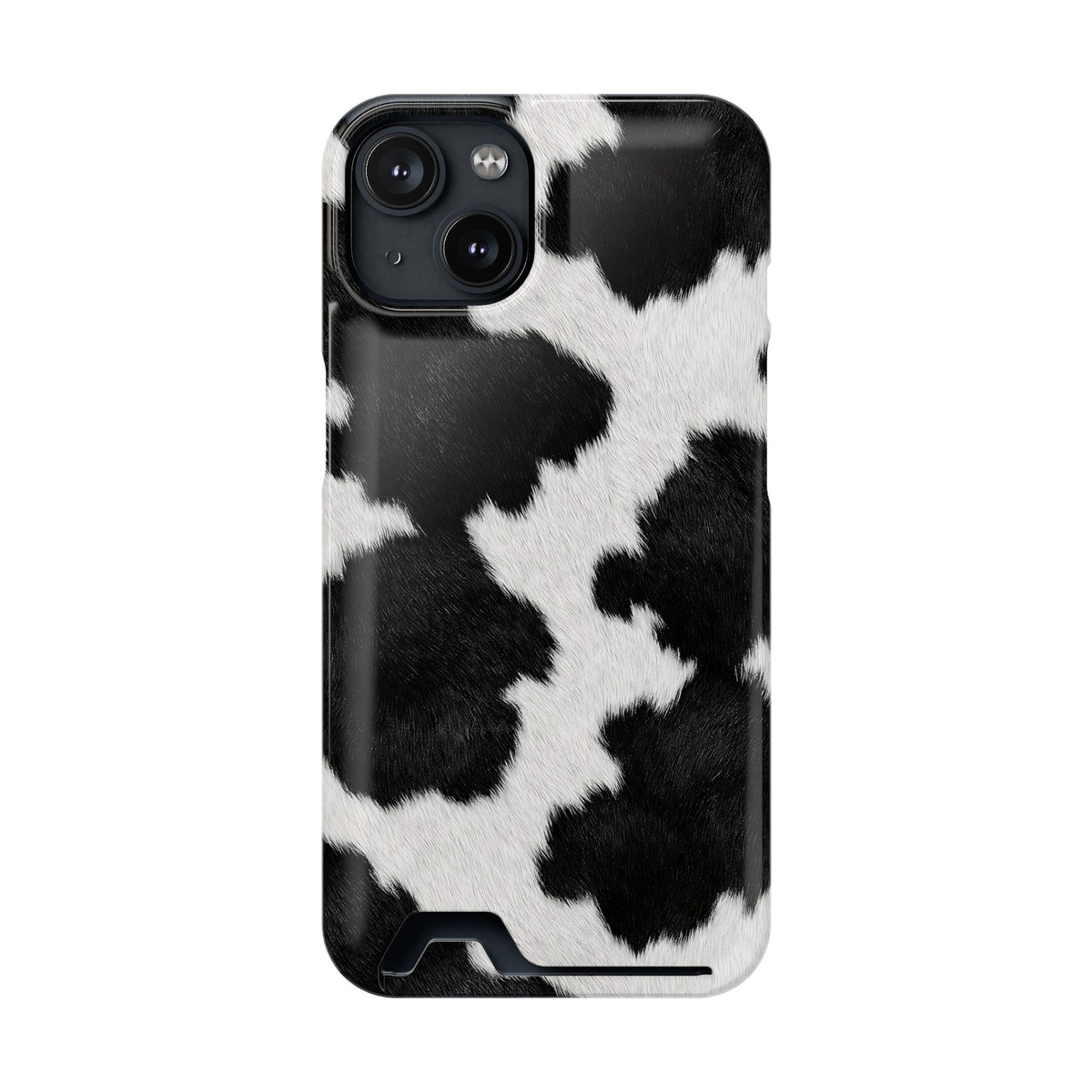 Black Cow Print phone case with card holder for iPhone 14, glossy finish