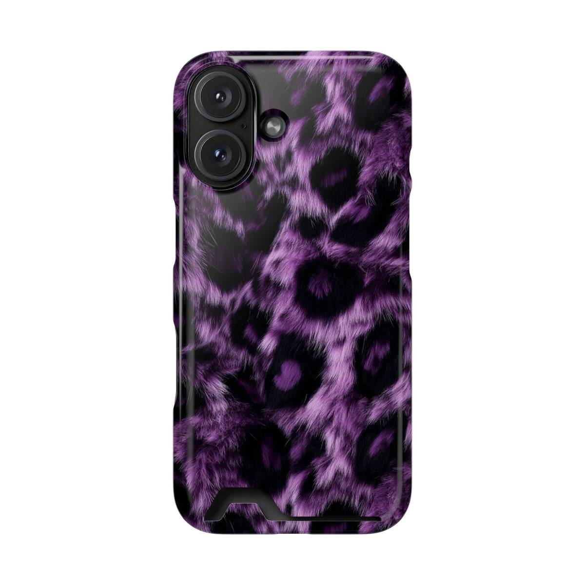 Purple Leopard phone case with card holder for iPhone 16, glossy finish