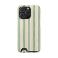 Sage Stripe phone case with card holder for iPhone 16 Pro, glossy finish