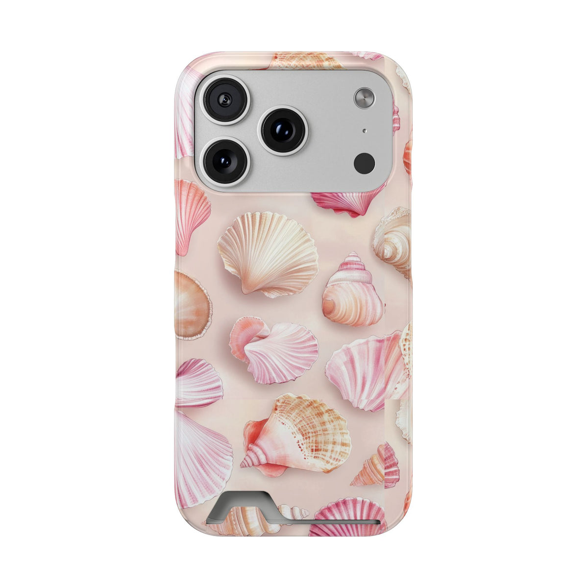 Blush Seashell phone case with card holder for iPhone 17 Pro, glossy finish