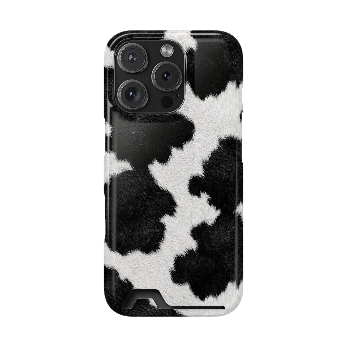 Black Cow Print phone case with card holder for iPhone 16 Pro, glossy finish