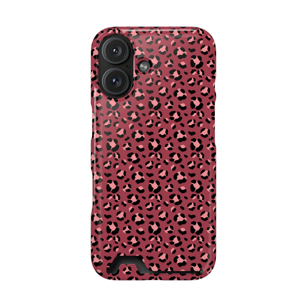 Pink Leopard phone case with card holder for iPhone 16, glossy finish
