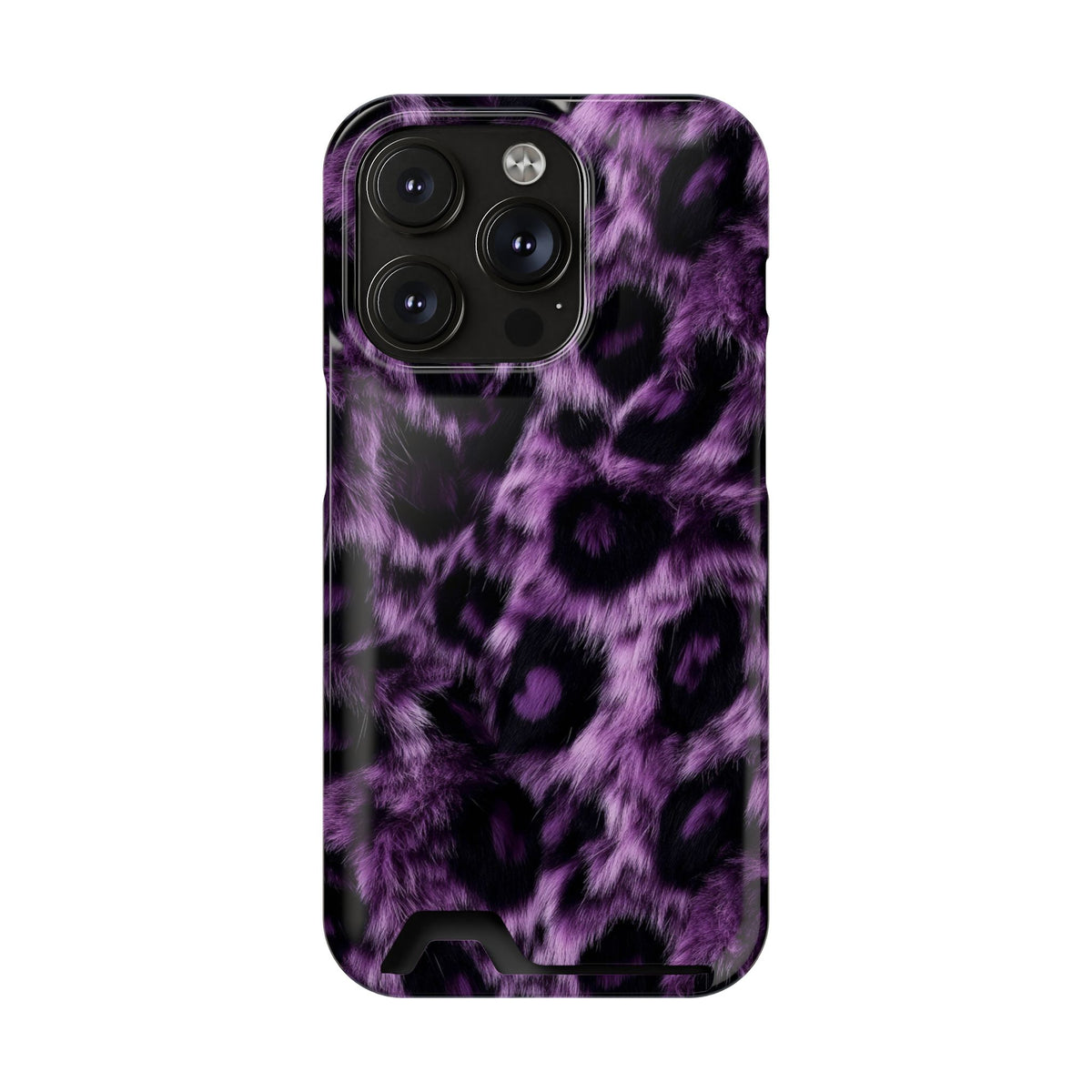 Purple Leopard phone case with card holder for iPhone 14 Pro, glossy finish