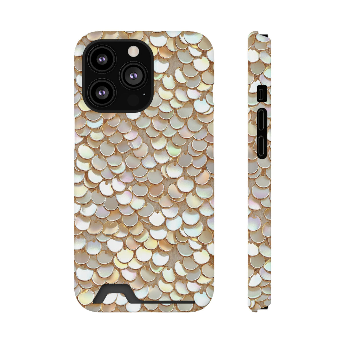 Champagne Sequin phone case with card holder for iPhone 13 Pro, glossy finish