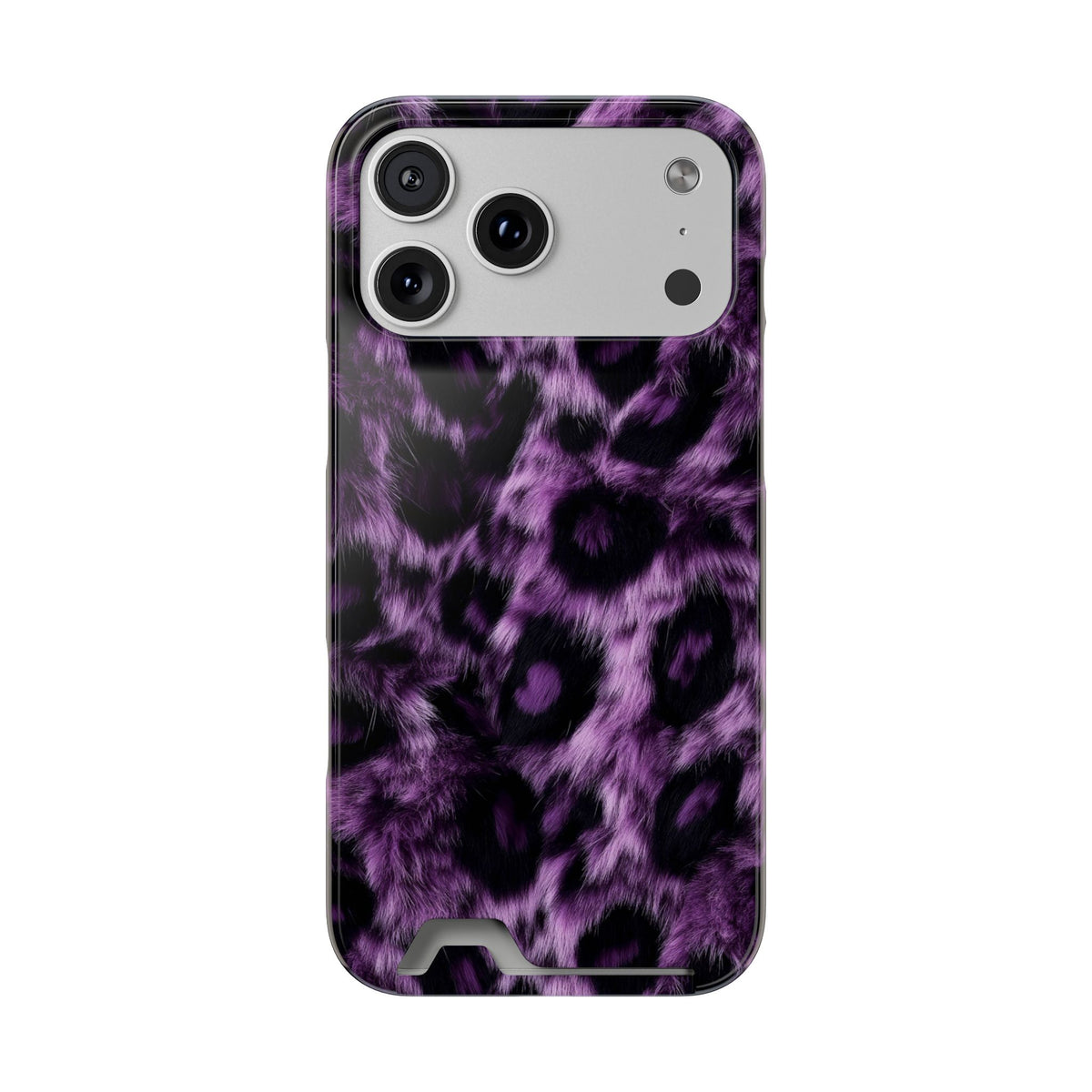 Purple Leopard phone case with card holder for iPhone 17 Pro Max, glossy finish