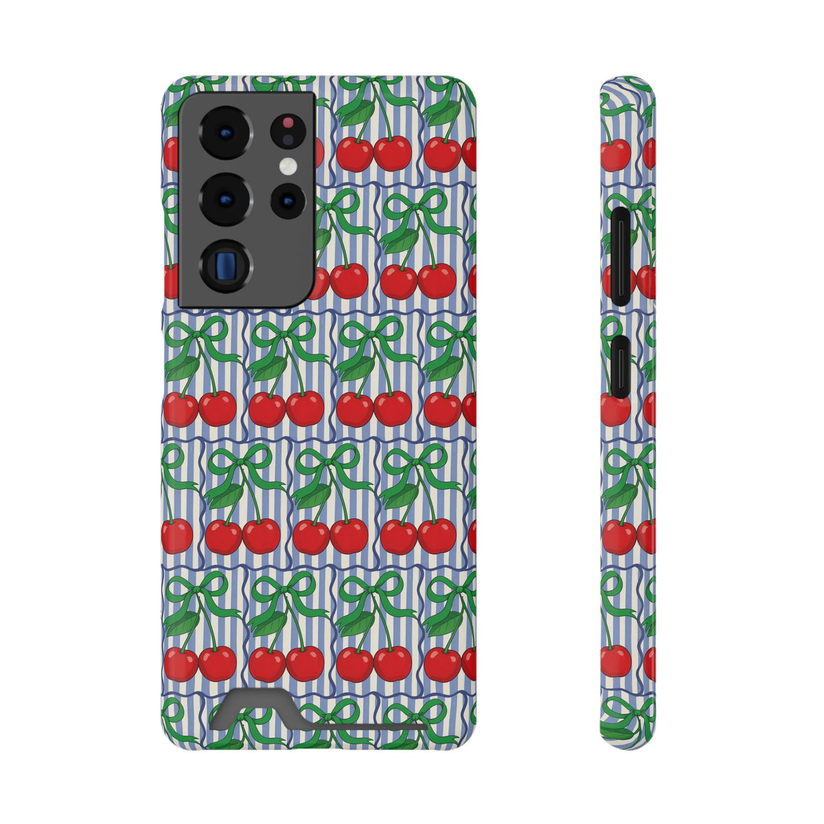 Cherry Bow Stripe phone case with card holder for Samsung Galaxy S22 Plus, glossy finish