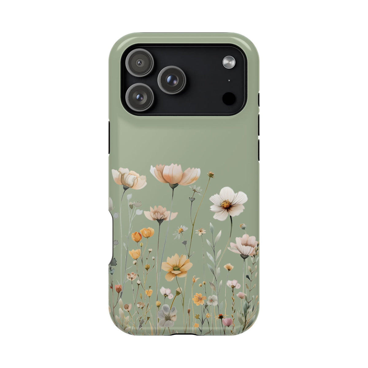 Sage Daisy protective phone case for iPhone 17 Pro Max, glossy finish