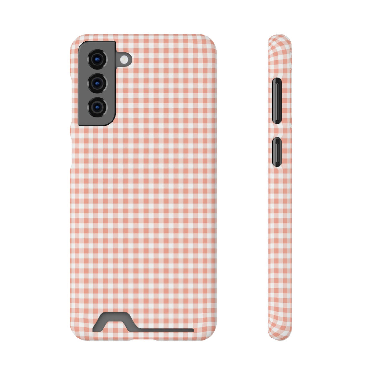 Peach Gingham phone case with card holder for Samsung Galaxy S21 Plus, glossy finish