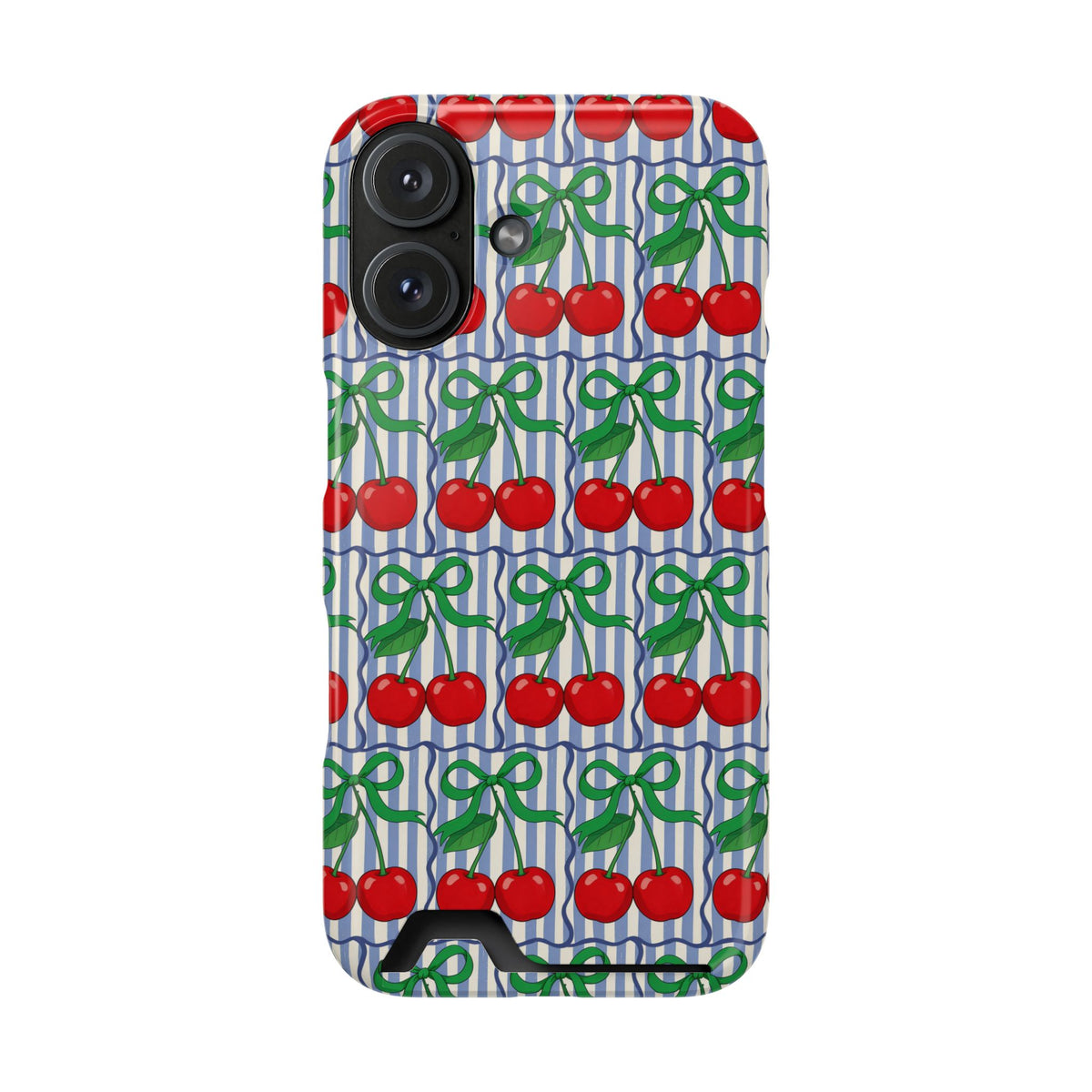 Cherry Bow Stripe phone case with card holder for iPhone 16, glossy finish