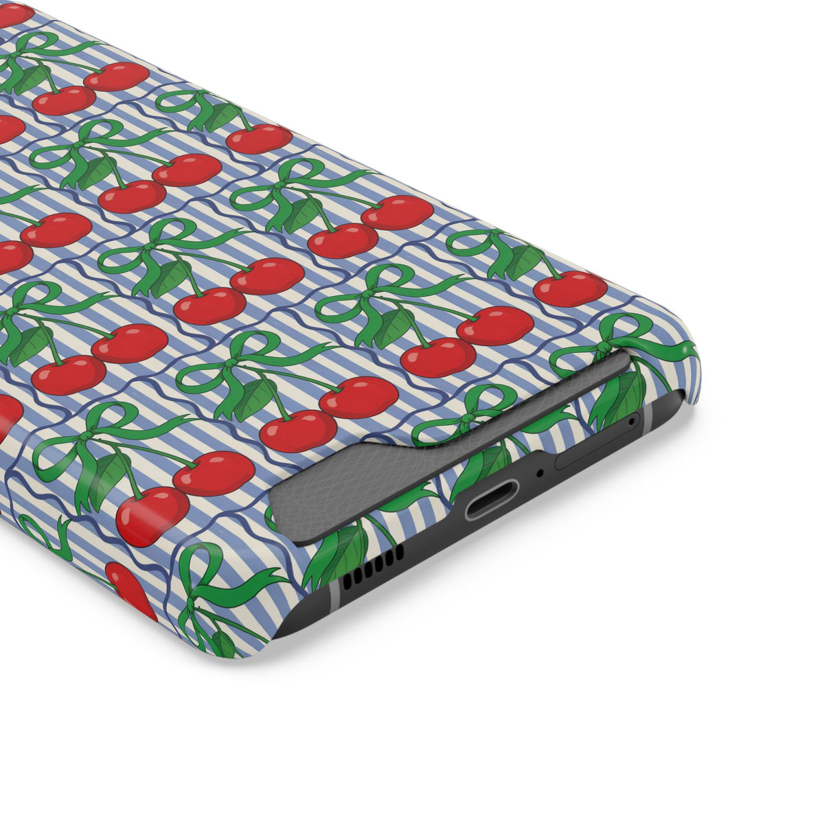 Cherry Bow Stripe phone case with card holder, close-up of the card slot