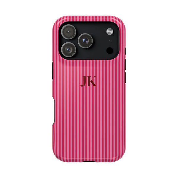 Raspberry Pinstripe Monogram Magnetic Impact Resistant Case Personalized