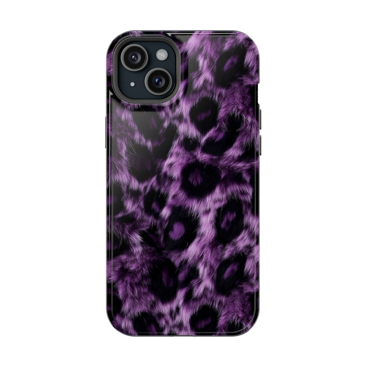 Purple Leopard protective phone case for iPhone 15 Plus, glossy finish