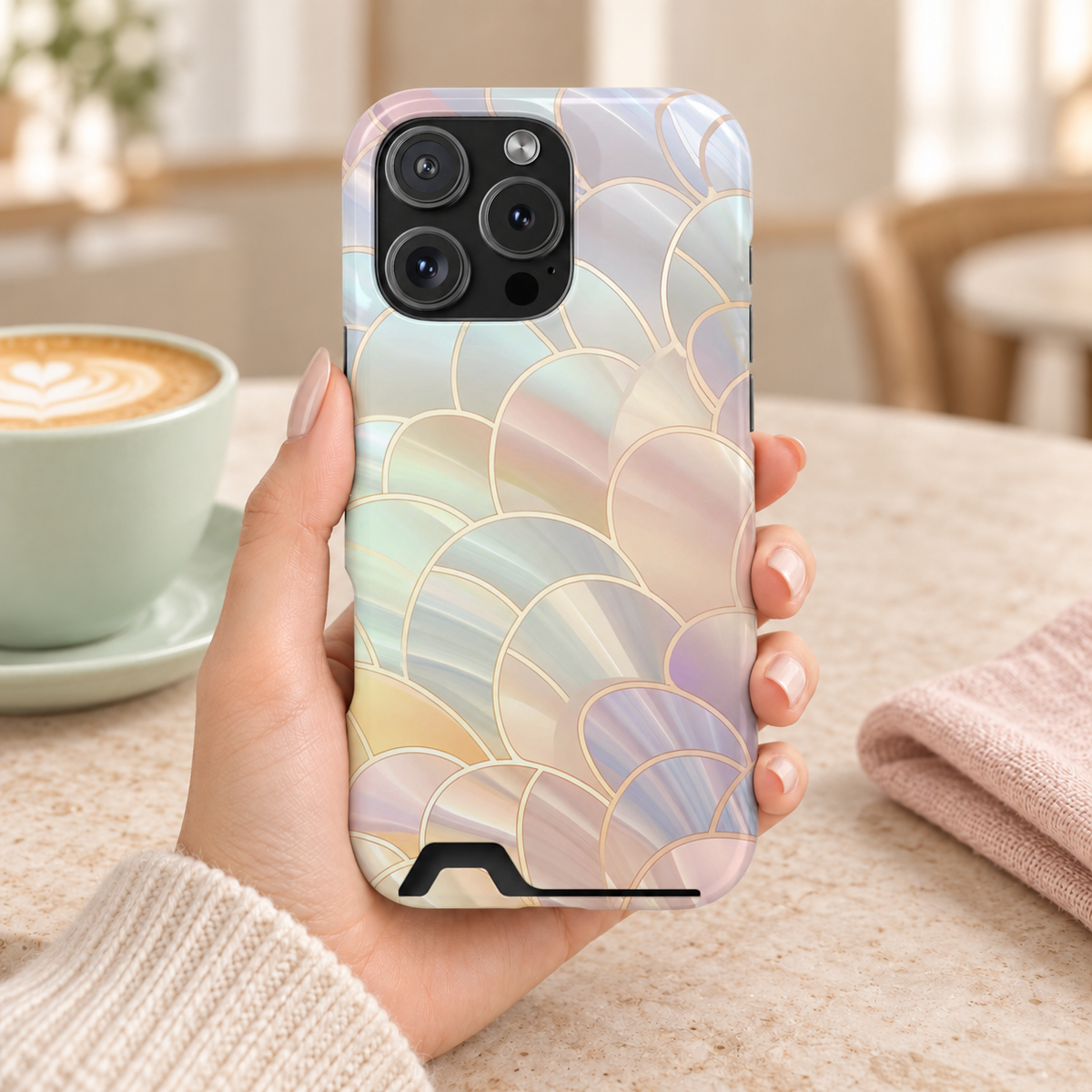 Pearl Scale phone case with card holder, iridescent mother-of-pearl scales with gold lines, lifestyle photo in hand with coffee