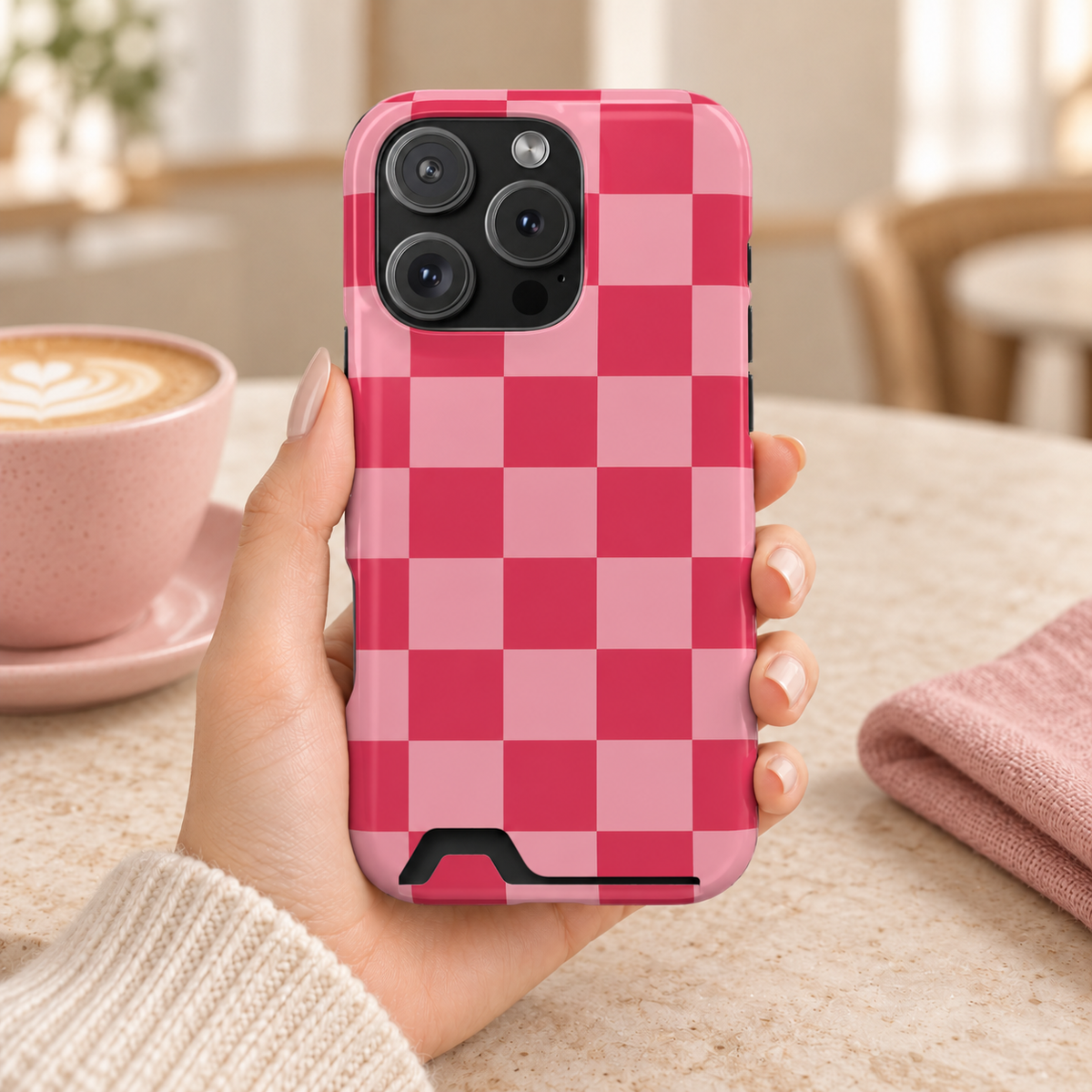 Pink Checkerboard phone case with card holder, a pink and raspberry checkerboard, lifestyle photo in hand with coffee