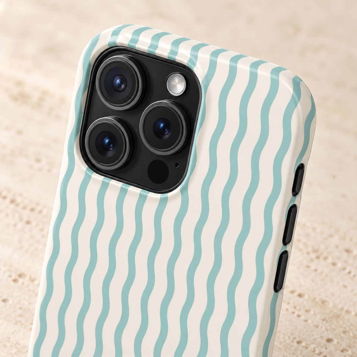 Mint Wave Stripe phone case with card holder, wavy mint green stripes on white, lifestyle close-up of the camera