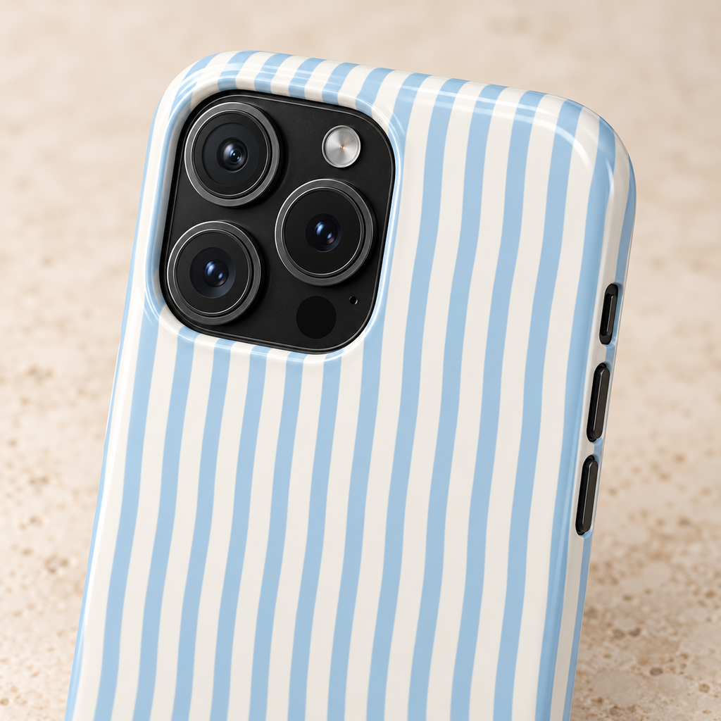 Sky Blue Stripe phone case with card holder, sky blue and white stripes, lifestyle close-up of the camera