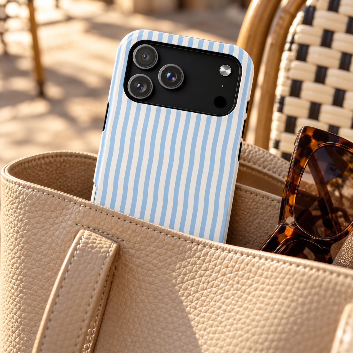 Sky Blue Stripe phone case with card holder, sky blue and white stripes, lifestyle photo in a handbag