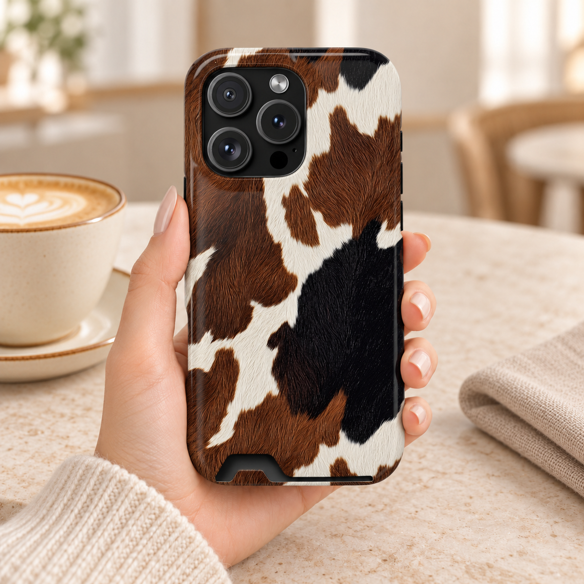 Brown Cow Print phone case with card holder, brown and white cowhide spots, lifestyle photo in hand with coffee