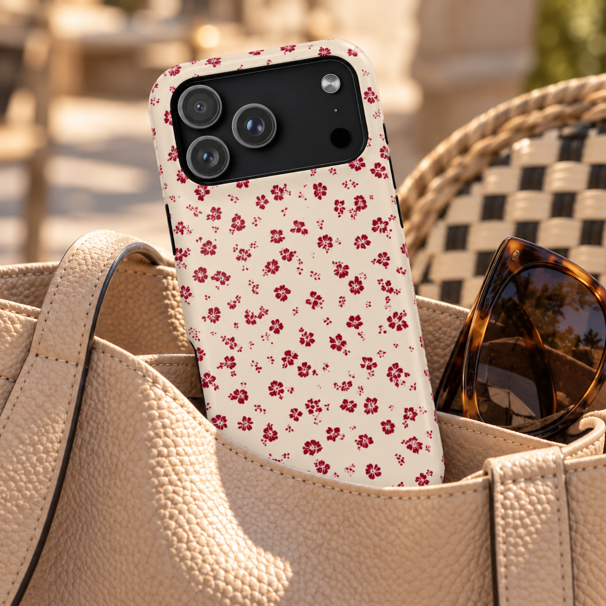 Red Ditsy Floral MagSafe case, tiny red flowers on cream, lifestyle photo in a handbag