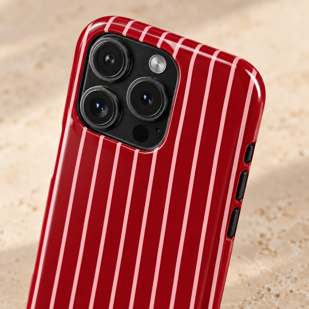 Red Pinstripe phone case with card holder, white pinstripes on cherry red, lifestyle close-up of the camera