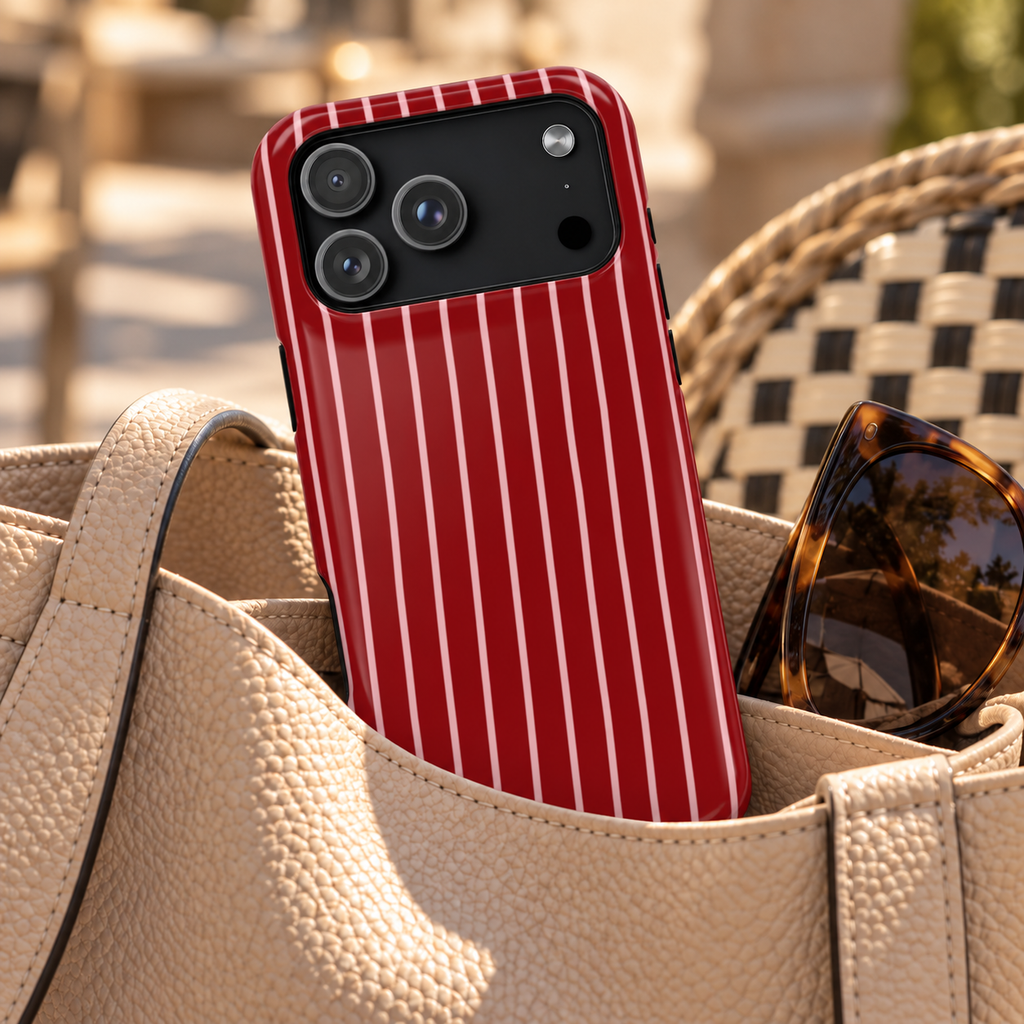 Red Pinstripe phone case with card holder, white pinstripes on cherry red, lifestyle photo in a handbag