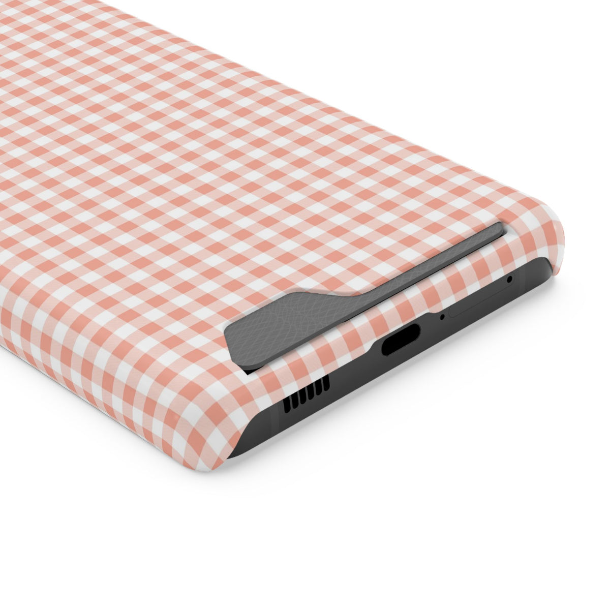 Peach Gingham phone case with card holder for Samsung Galaxy S21 Ultra, glossy finish