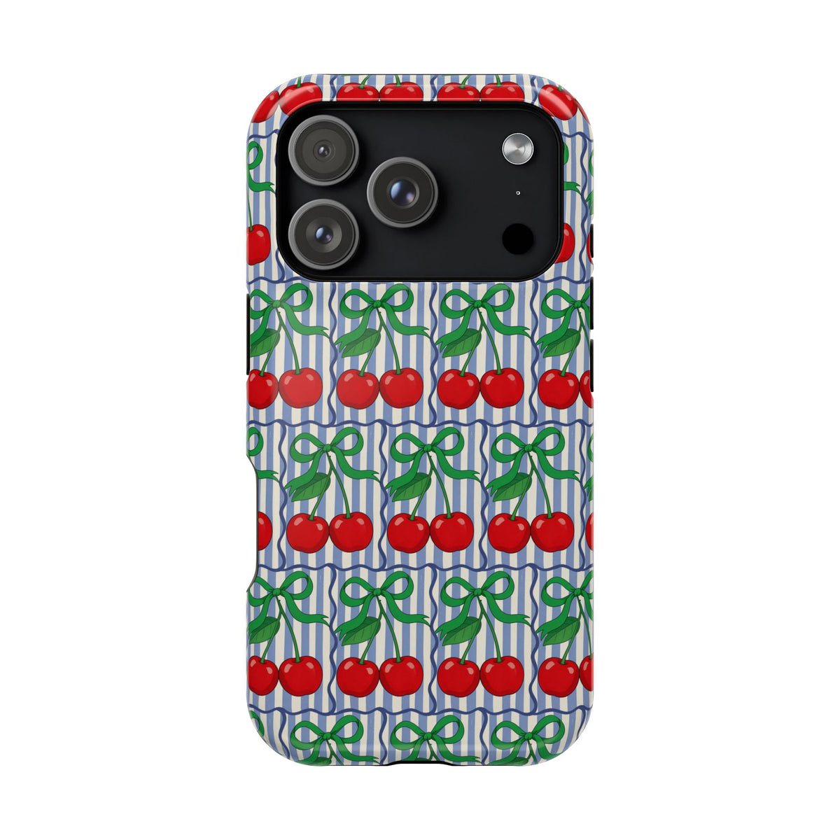 Cherry Bow Stripe MagSafe case for iPhone 17 Pro, glossy finish