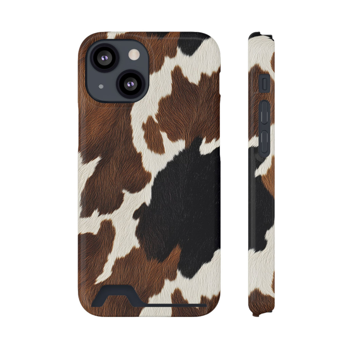 Brown Cow Print phone case with card holder for iPhone 13 Mini, glossy finish