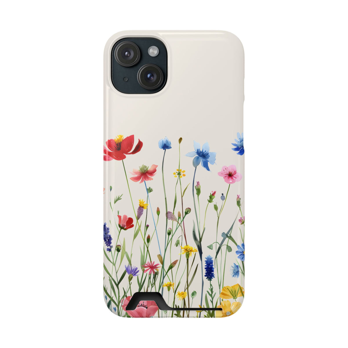 Spring Meadow phone case with card holder for iPhone 15 Plus, glossy finish