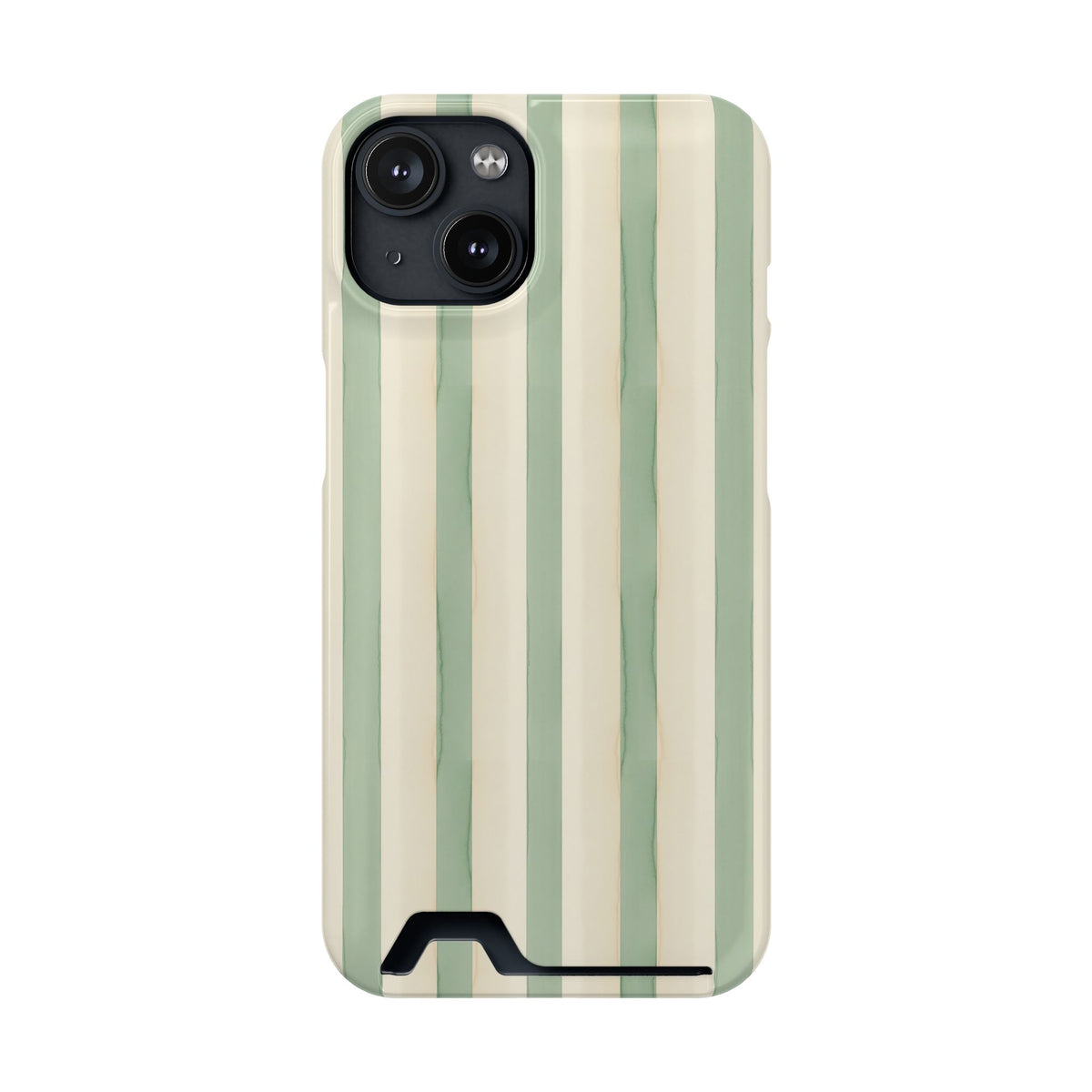Sage Stripe phone case with card holder for iPhone 14, glossy finish