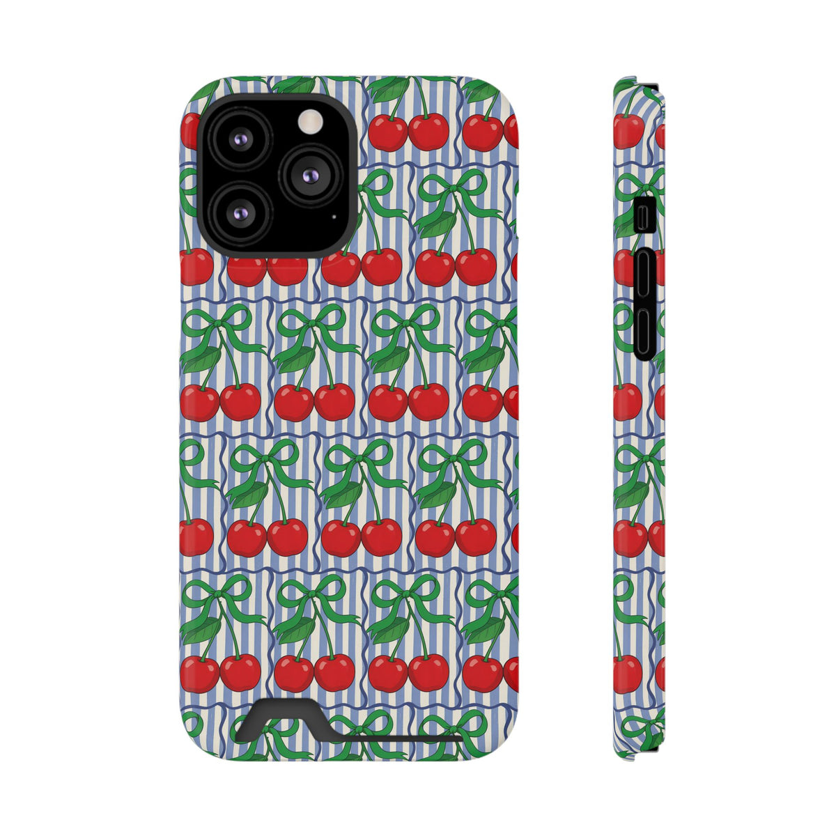 Cherry Bow Stripe phone case with card holder for iPhone 13 Pro Max, glossy finish